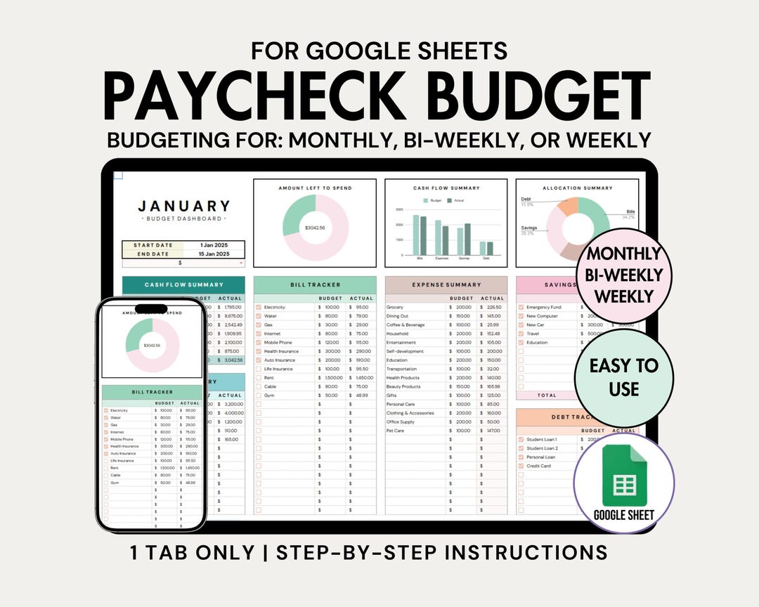 Paycheck Budget Spreadsheet Monthly Weekly Budget Google Sheet Biweekly ...