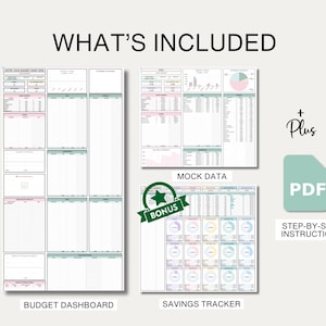 Pu&ograve; includere: Un cruscotto di budget e un tracker di risparmio stampabili digitalmente con dati fittizi e istruzioni passo passo. Il cruscotto di budget ha sezioni per entrate, spese e risparmi. Il tracker di risparmio ha una sezione per obiettivi e progressi.