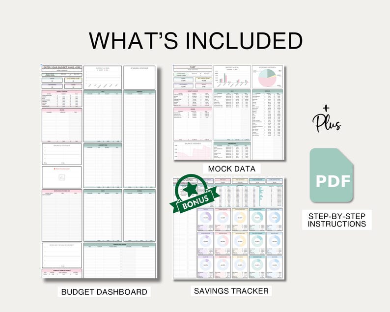 Pu&ograve; includere: Un cruscotto di budget e un tracker di risparmio stampabili digitalmente con dati fittizi e istruzioni passo passo. Il cruscotto di budget ha sezioni per entrate, spese e risparmi. Il tracker di risparmio ha una sezione per obiettivi e progressi.