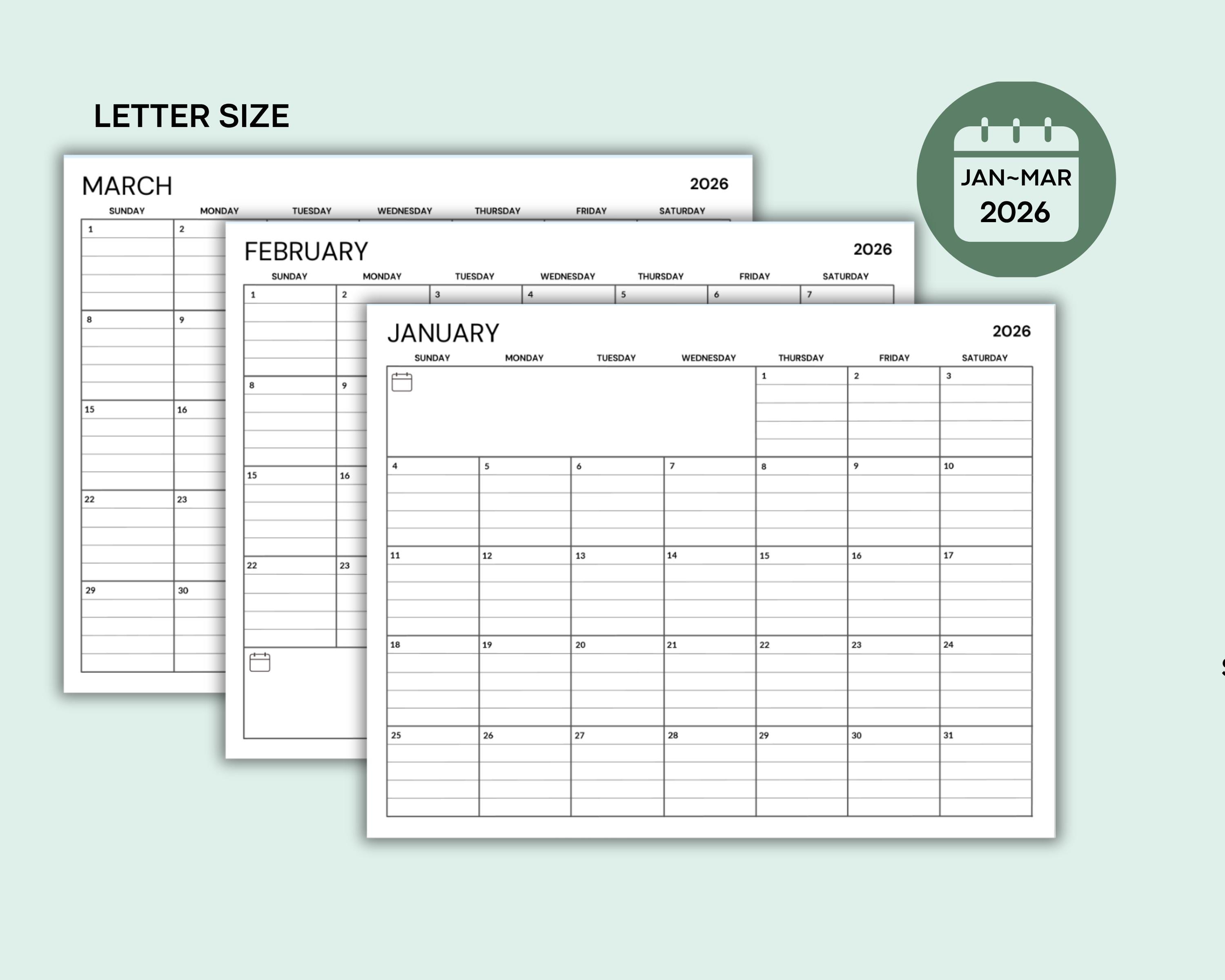 2026 Calendar Printable Lined Calendar 2026 Monthly Planner PDF Letter