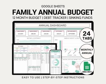 Feuille de calcul du budget annuel familial Google Sheets Suivi budgétaire mensuel Modèle ultime de planificateur financier annuel Suivi de la dette Calendrier de facturation