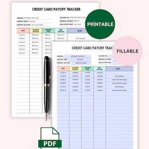 May include: Printable and fillable credit card payoff tracker. The document includes fields for creditor, amount owed, monthly due date, and a table to track payments. Includes a black pen and PDF icon. Available in A4 and US Letter sizes.