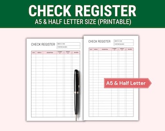 Planificateur de registre de chèques imprimable, suivi des dépenses quotidiennes, suivi des transactions financières A5 et demi-lettre
