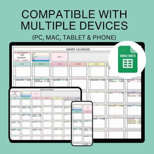 May include: A digital bill calendar template for Google Sheets. The image shows a calendar on a computer screen, tablet, and phone. The calendar is compatible with multiple devices and has four tabs. The text "SMART CALENDAR" is visible on the calendar.