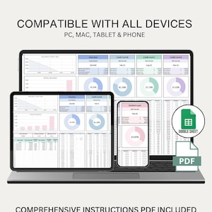 May include: A digital illustration of a laptop, tablet, and phone displaying a spreadsheet with charts and graphs. The spreadsheet is titled "Ultimate Debt Tracker" and is compatible with all devices. The text "25 Debts on 30 Years" is displayed below the devices. The image also includes the text "Google Sheet" and "PDF".