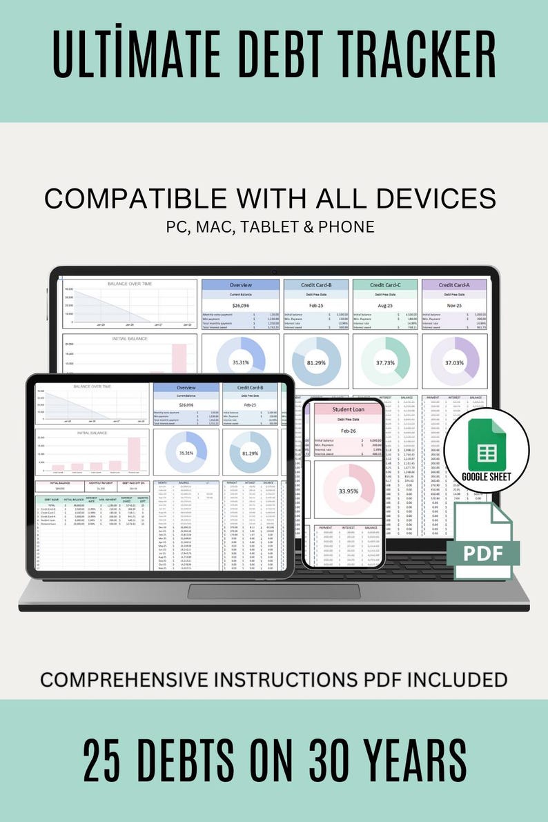 May include: A digital illustration of a laptop, tablet, and phone displaying a spreadsheet with charts and graphs. The spreadsheet is titled "Ultimate Debt Tracker" and is compatible with all devices. The text "25 Debts on 30 Years" is displayed below the devices. The image also includes the text "Google Sheet" and "PDF".