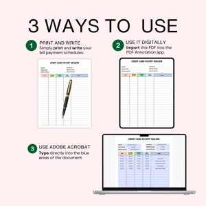 May include: An image illustrating three methods for using a credit card payoff tracker. The text reads "3 WAYS TO USE". The first method involves printing and writing. The second involves digital use. The third method involves Adobe Acrobat.