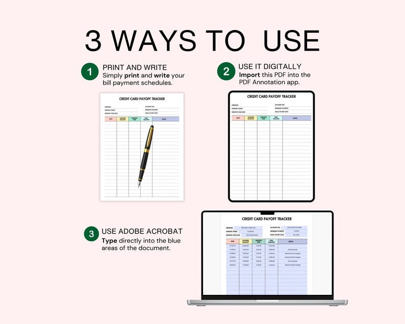 May include: An image illustrating three methods for using a credit card payoff tracker. The text reads "3 WAYS TO USE". The first method involves printing and writing. The second involves digital use. The third method involves Adobe Acrobat.