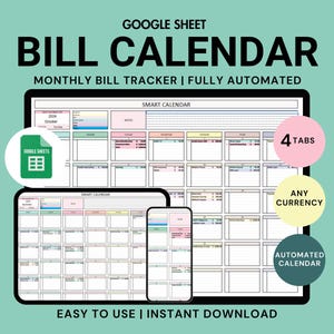 Puede incluir: Una plantilla de Google Sheet para un calendario de facturas. La imagen muestra una captura de pantalla de la hoja de cálculo con el título "SMART CALENDAR" y el mes de octubre de 2024. La hoja de cálculo está dividida en cuatro pestañas, y el texto "4 TABS" es visible en un círculo rosa. El texto "ANY CURRENCY" es visible en un círculo amarillo. El texto "AUTOMATED CALENDAR" es visible en un círculo azul. El texto "EASY TO USE | INSTANT DOWNLOAD" es visible en la parte inferior de la imagen.