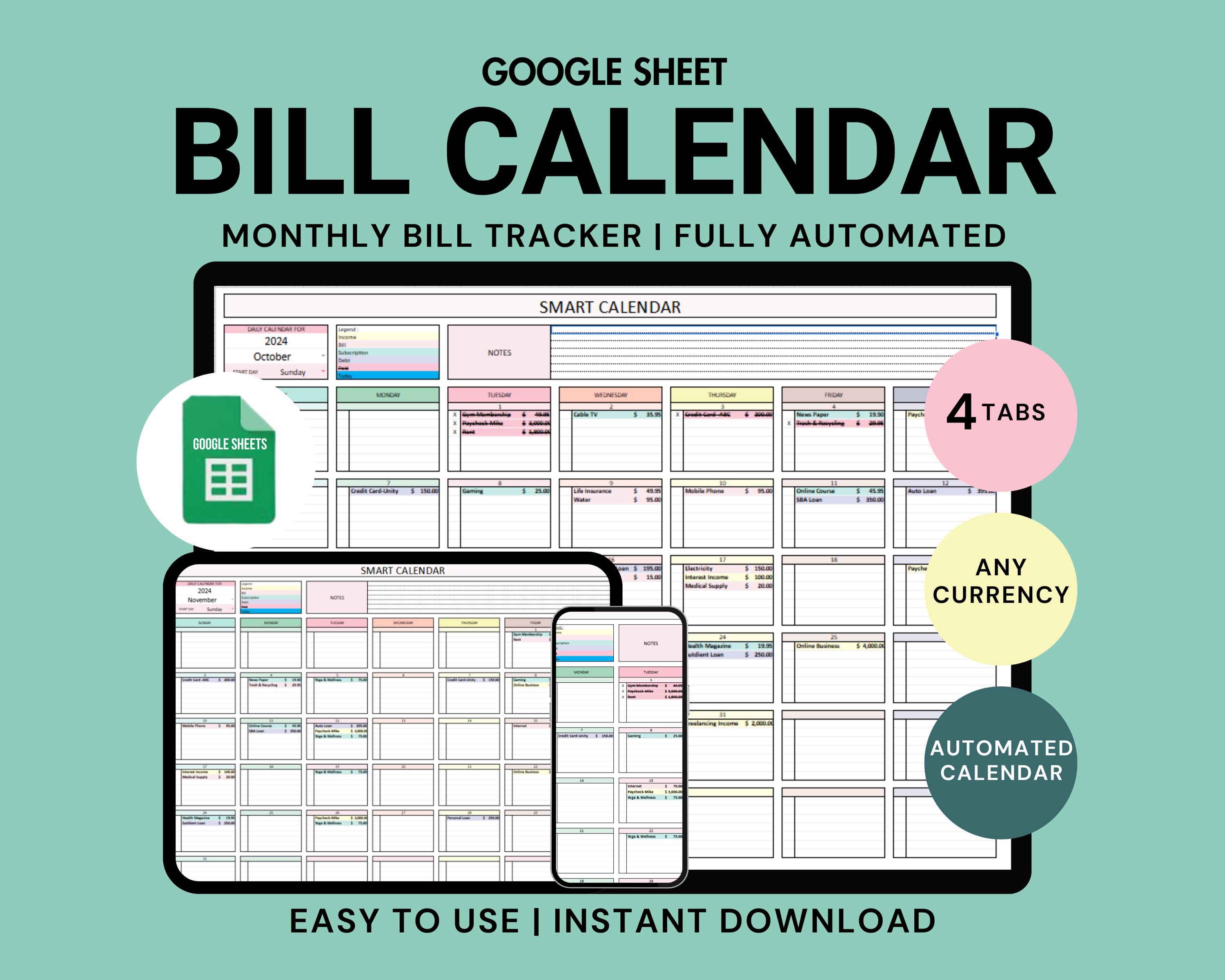 Bill Calendar Spreadsheet Bill Tracker Google Sheets Bill Planner ...