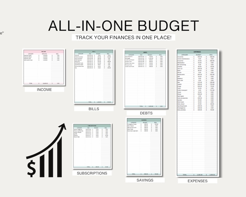 Pu&ograve; includere: Un tracker di budget stampabile con sezioni per entrate, bollette, debiti, abbonamenti, risparmi e spese. Il tracker &egrave; progettato per aiutarti a tenere traccia delle tue finanze in un unico posto.
