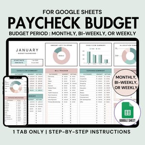Könnte beinhalten: Eine Google Sheets-Vorlage für ein Gehaltsbudget. Die Vorlage enthält Abschnitte für die Zusammenfassung des Cashflows, die Rechnungserfassung, die Ausgabenübersicht und die Allokationsübersicht. Die Vorlage ist für die monatliche, zweiwöchentliche oder wöchentliche Budgetierung konzipiert.