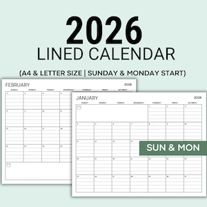 2026 Calendar Printable Lined Calendar 2026 Monthly Planner PDF Letter and A4 Size, 2026 Minimalist Calendar Printable Monthly Schedule PDF