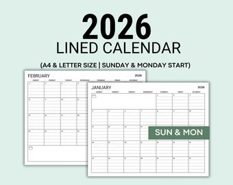 Calendrier 2026 imprimable Calendrier mensuel 2026 PDF format Lettre et A4, calendrier 2026 minimaliste calendrier mensuel imprimable PDF