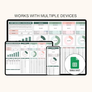 May include: A green and white graphic showing a Google Sheet spreadsheet on a computer, tablet, and phone. The spreadsheet is titled "Debt Snowball Calculator" and shows a visual representation of debt reduction. The text "Track Up To 15 Debts Fully Automated" is at the bottom of the image.