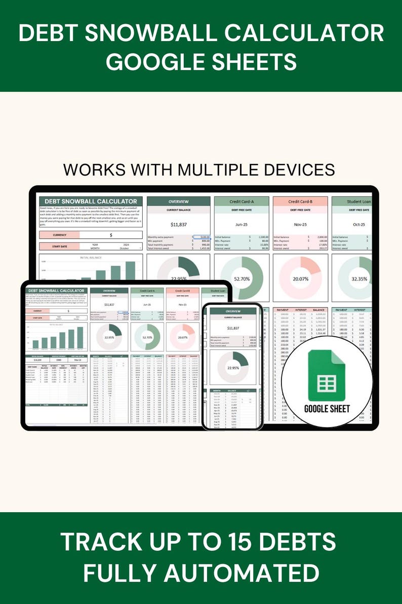 May include: A green and white graphic showing a Google Sheet spreadsheet on a computer, tablet, and phone. The spreadsheet is titled "Debt Snowball Calculator" and shows a visual representation of debt reduction. The text "Track Up To 15 Debts Fully Automated" is at the bottom of the image.