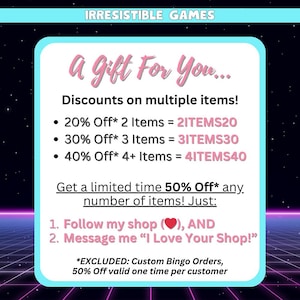 This is a gift for you. Use promos codes 2ITEMS20 for a 20% discount on 2 items, 3ITEMS30 for 30% off 3 items, and 4ITEMS40 for 40% off orders of 4 or more items. Follow my shop and message me for a limited time 50% off coupon.