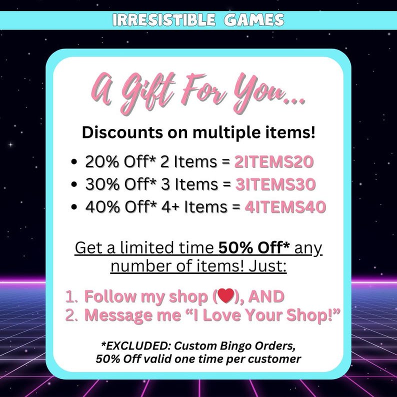This is a gift for you. Use promos codes 2ITEMS20 for a 20% discount on 2 items, 3ITEMS30 for 30% off 3 items, and 4ITEMS40 for 40% off orders of 4 or more items. Follow my shop and message me for a limited time 50% off coupon.
