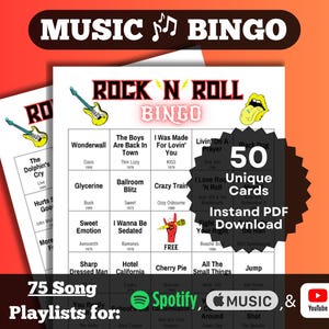 Bingo musicale di canzoni rock n roll. Canzoni rock di tutti i decenni (anni &#39;70-&#39;90 e oltre). Download immediato. 50 carte. Spotify, Apple Music, playlist di YouTube.