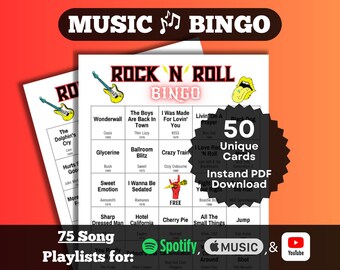 Rock N Roll Nummers Muziek Bingo. Rocknummers van de afgelopen decennia (jaren 70-90). Direct downloaden. 50 kaarten. Spotify, Apple Music, YouTube-afspeellijsten.