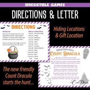 May include: A Halloween-themed game with instructions and a letter from Count Dracula. The game includes clues to hide in various locations, such as the fridge, oven, and closet. The text on the game says "Irresistible Games".