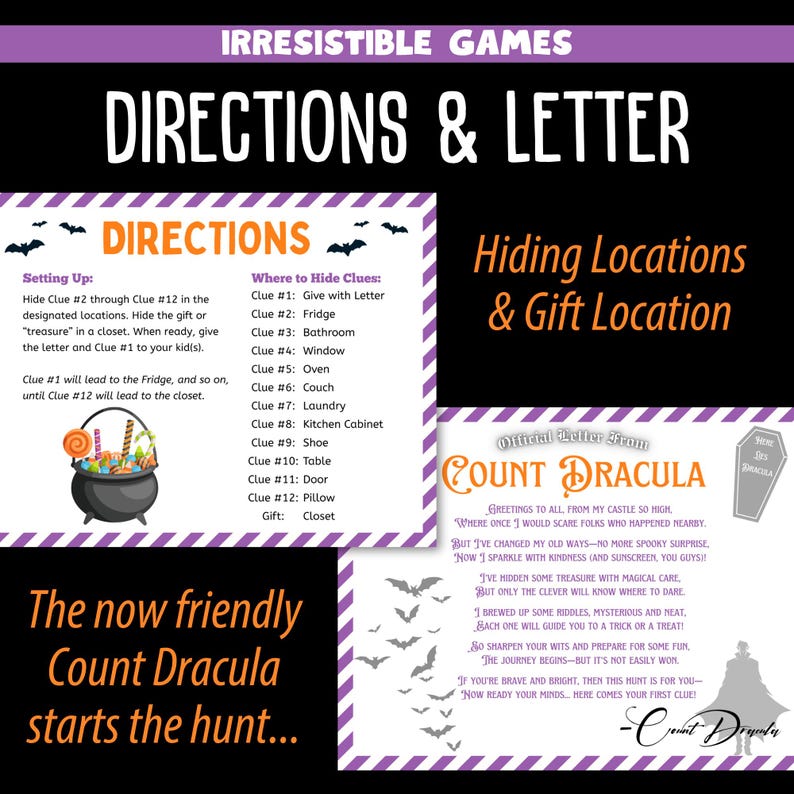 May include: A Halloween-themed game with instructions and a letter from Count Dracula. The game includes clues to hide in various locations, such as the fridge, oven, and closet. The text on the game says "Irresistible Games".