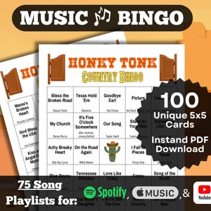 Bingo Musical: Honky Tonk Country. Juego de 100 cartones. Descarga instantánea. Listas de reproducción de Spotify, Apple Music y YouTube. Música country y canciones country.