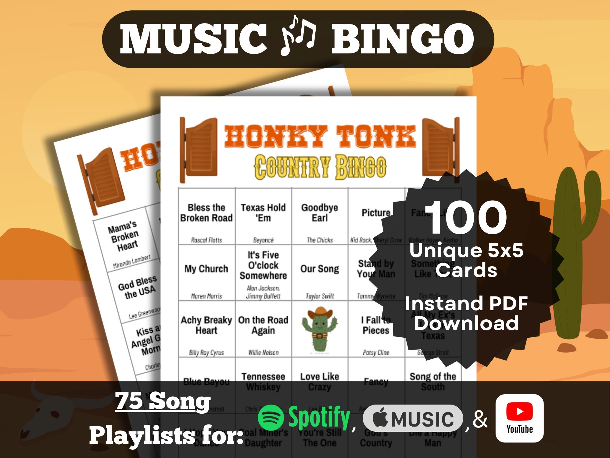 Music Bingo: Honky Tonk Country. 100 card set. Instant Download. Spotify, Apple Music, and YouTube Playlists. Country Music | Country Songs.