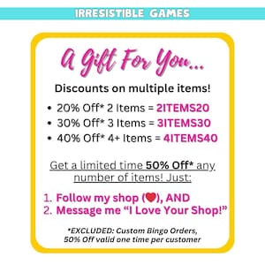 This is a gift for you. Use promos codes 2ITEMS20 for a 20% discount on 2 items, 3ITEMS30 for 30% off 3 items, and 4ITEMS40 for 40% off orders of 4 or more items. Follow my shop and message me for a limited time 50% off coupon.