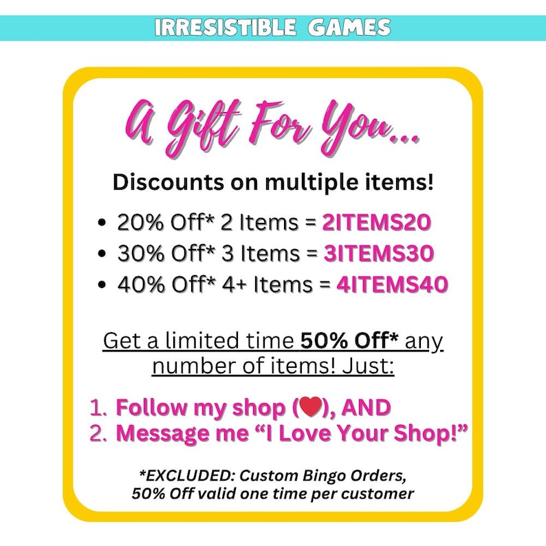 This is a gift for you. Use promos codes 2ITEMS20 for a 20% discount on 2 items, 3ITEMS30 for 30% off 3 items, and 4ITEMS40 for 40% off orders of 4 or more items. Follow my shop and message me for a limited time 50% off coupon.