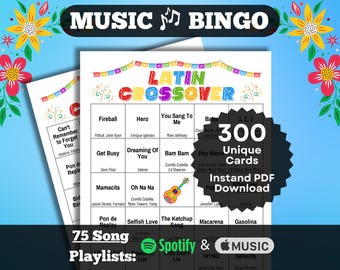 Crossover Latin Songs Bingo. Music Bingo with Latin artists that broke into the English market. 300 card set w/playlists for Spotify & Apple