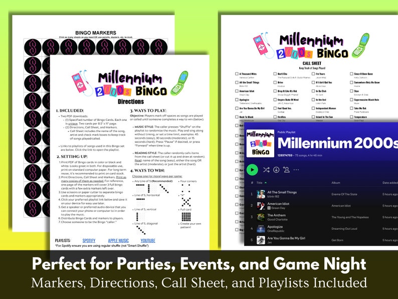 Perfect for parties, events, game nights and more. Included with purchase are bingo markers, directions, and a call sheet (in addition to playlists and bingo cards).