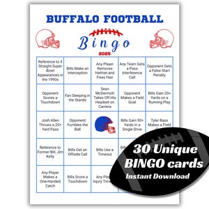 Bingo de fútbol americano de Buffalo 2025 / 30 cartones únicos / Descarga instantánea / Bingo en vivo / Bingo del día del partido / Fiesta para ver el partido