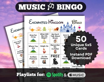 Music Bingo: Enchanted Kingdom. Animated Movie Songs & Music, 50 card set, Instant Download, Spotify and Apple Music playlists.