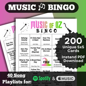 Bingomuziek van Oz | Bingokaarten met muziekthema Wicked | Dorothy, Glinda en Elphaba meezingen | 200 kaarten | Spotify, Apple Music-afspeellijsten.