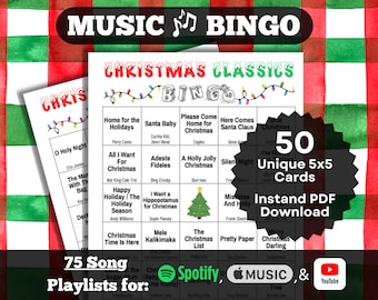 Music Bingo: Christmas Classics. Your favorite oldies Holiday Hits. 50 cards, Instant Download. Spotify, Apple Music, YouTube playlists.