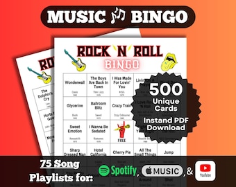 Rock N Roll Nummers Muziek Bingo. Rocknummers van de afgelopen decennia (jaren 70-90). Direct downloaden. 500 kaarten. Spotify, Apple Music, YouTube-afspeellijsten.