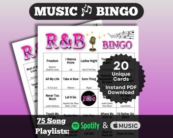 Bingo de música soul y R&B: Set de 20 tarjetas con listas de reproducción de Spotify/Apple (descarga instantánea)