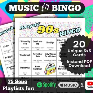 Bingo musical de músicas dos anos 90. (Sucessos musicais dos anos 90, 20 cartões exclusivos, download instantâneo de PDF, playlists no Spotify, Apple Music, YouTube).