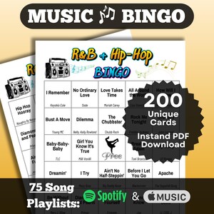 Music Bingo: R&B Songs + Hip Hop Songs Bingo. 200 cards. 80s, 90s, 2000s songs. Instant Download with playlists for Spotify + Apple Music.