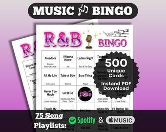 Music Bingo: R&B Soul Songs Bingo. 500 card set. Hits from across the decades. Instant Download with playlists for Spotify and Apple Music.