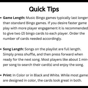 Music Bingo lasts longer than regular Bingo. It is recommended to give players multiple cards to increase player engagement. Songs are full length, simply press shuffle and then forward when ready. Print in color or in black and white.