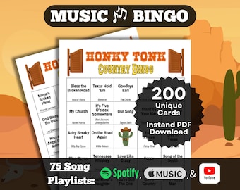 Music Bingo: Honky Tonk Country. 200 card set. Instant Download. Spotify, Apple Music, and YouTube Playlists. Country Music | Country Songs.