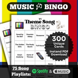 TV Theme Songs Bingo | Television Themes Music Bingo Game | Theme Music Fundraiser Game | 300 Unique Cards | Playlists included