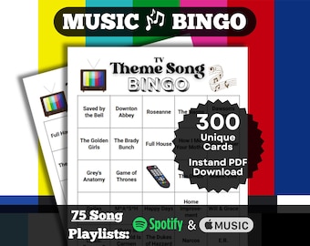 TV Theme Songs Bingo | Television Themes Music Bingo Game | Theme Music Fundraiser Game | 300 Unique Cards | Playlists included