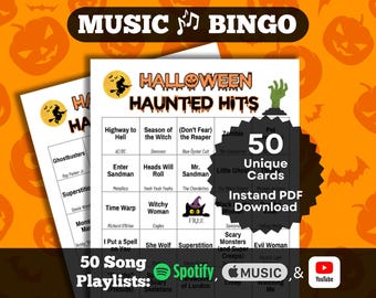 Muziekbingo: Halloween-spookhits. 50 unieke kaarten. Direct downloaden. Afspeellijsten op Spotify, Apple Music, YouTube.