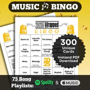 Music Bingo game themed with the best songs of 2025. The game includes 300 unique cards and 75 song playlists for Spotify and Apple Music. The design features a Speakers, Music Notes, and a 2025 theme.