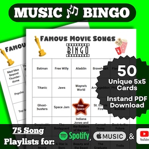 Bingo musical: canciones de películas famosas (Bingo de películas, juego de 50 tarjetas, descarga instantánea de PDF, Spotify, Apple Music, listas de reproducción de YouTube)