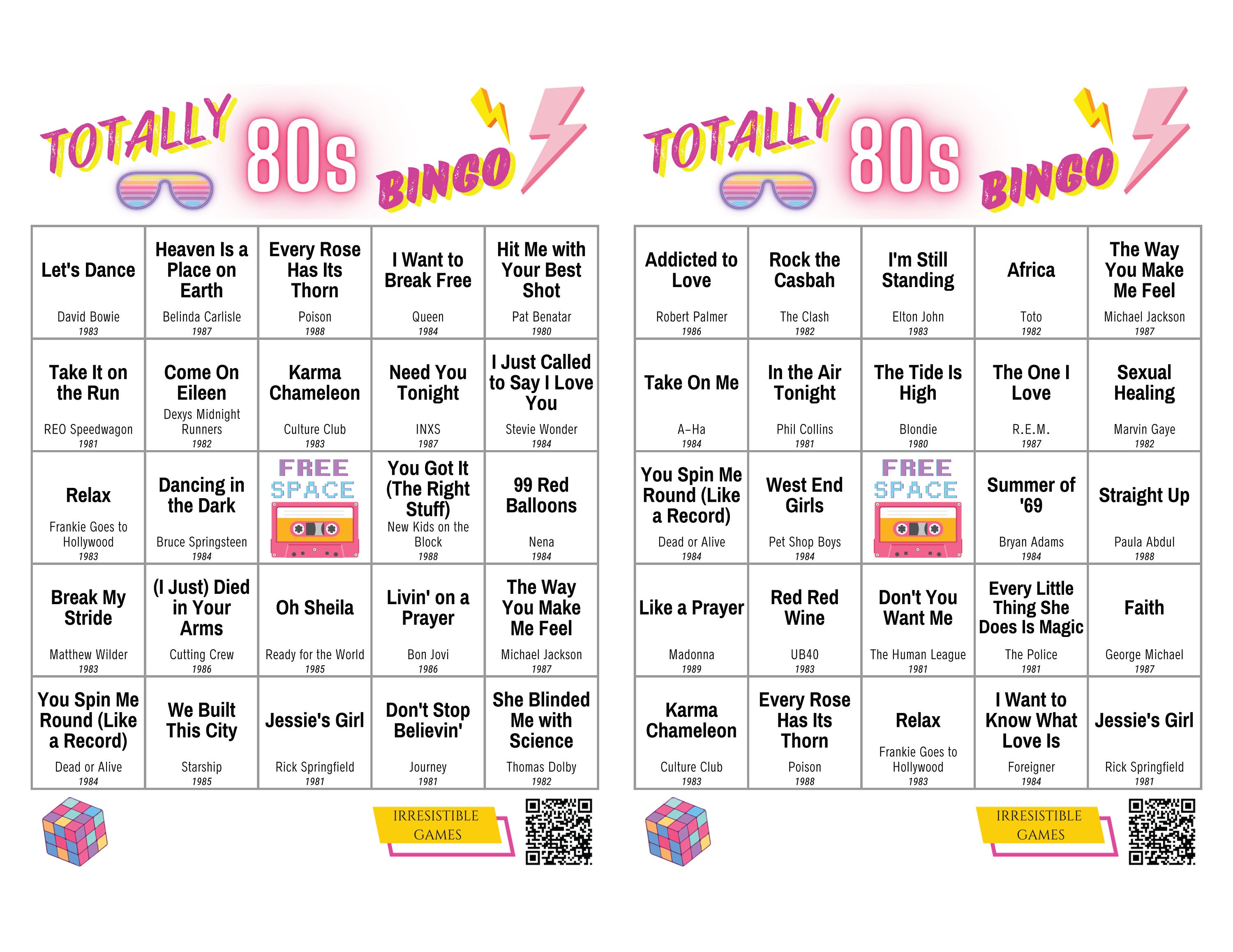 Divertente Gioco Musica Disco Bingo - Tema anni '80 100 Biglietti