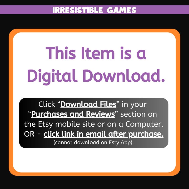 May include: A digital download announcement with the text "This Item is a Digital Download." Instructions are provided for accessing the files after purchase, including where to find the download link on Etsy.